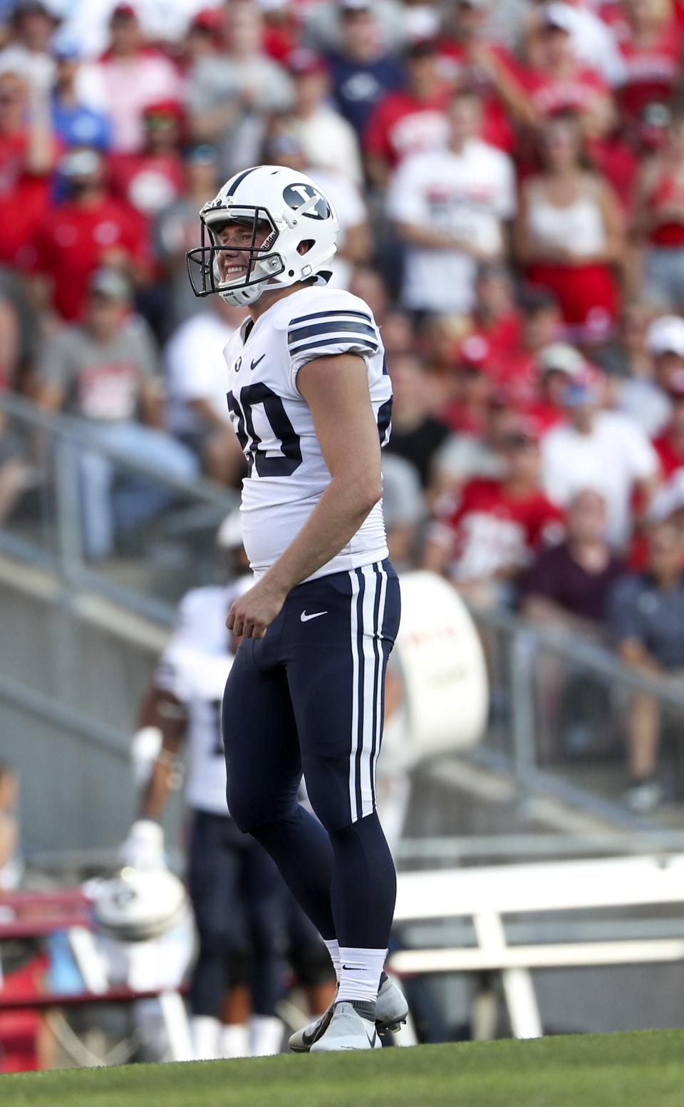 BYU kicker Skyler Southam smiles after nailing a go-ahead field goal during a game against Wisconsin at Camp Randall Stadium in Madison, Wis., on Saturday, Sept. 15, 2018. | Steve Griffin, Deseret News