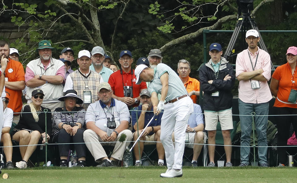 Justin Thomas hits a hole in one on the 16th hole during the final round for the Masters golf tournament Sunday, April 14, 2019, in Augusta, Ga. (AP Photo/Matt Slocum)
