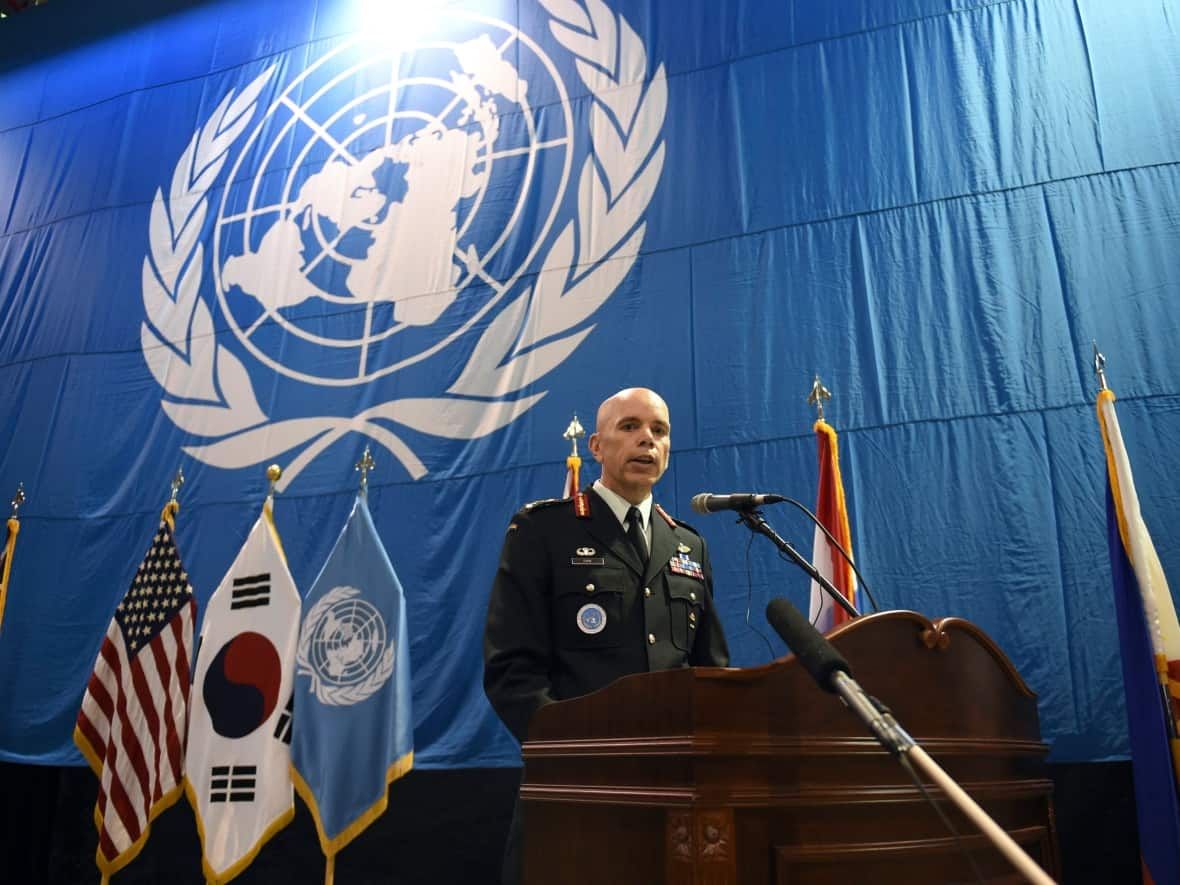 Gen. Wayne Eyre addresses a repatriation ceremony for the remains of U.S. soldiers killed in the Korean War at the Osan Air Base in Pyeongtaek on Wednesday, Aug. 1, 2018. (Jung Yeon-je/Associated Press - image credit)