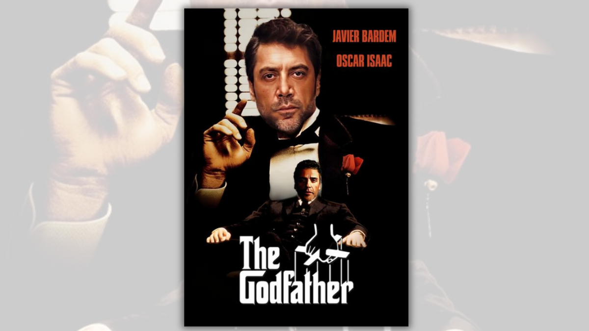 A Spanish man wearing a suit sits with his index finger on his left hand raised. Below, a Guatemalan man sits with his arms outstretched. On the right side, red text says Javier Bardem and Oscar Isaac will be in the movie. At the bottom, it says THe Godfather in white text, with the outline of a man holding puppet strings next to it. 