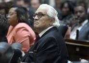 FILE - In this Wednesday, Feb. 5, 2020, file photo, Maryland Sen. Thomas V. Mike Miller, former state senate president, listens as Gov. Larry Hogan delivers his annual State of the State address to a joint session of the legislature in Annapolis, Md. Maryland officials will be sharing memories of the nation's longest-serving state Senate president. Visitation is scheduled for Friday, Jan. 22, 2021, in the rotunda of the Maryland State House, where Miller's body is lying in repose. (AP Photo/Steve Ruark, File)