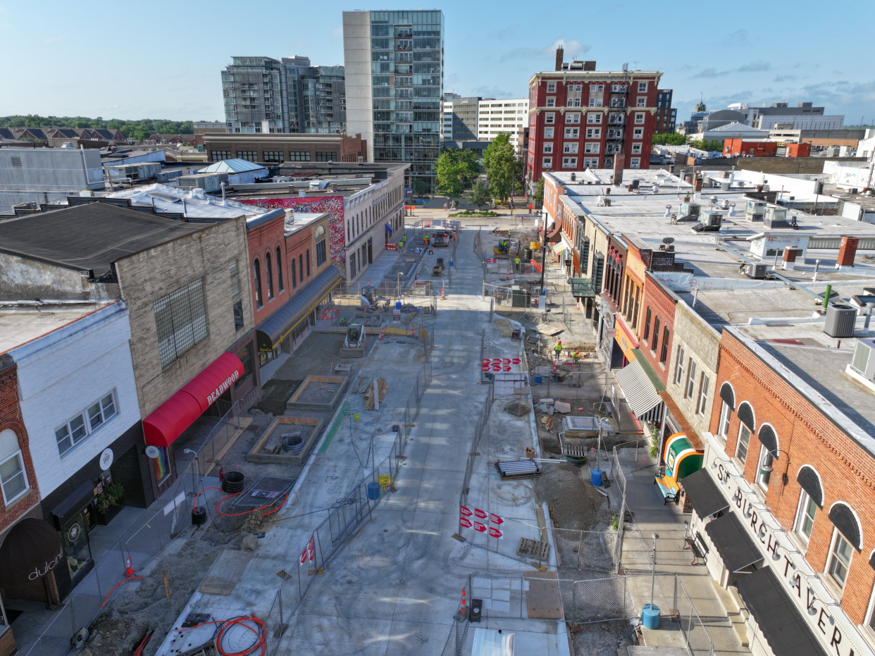 A drone captures the current progress of the Dubuque St. reconstruction project on Aug. 2. The project has been ongoing since March.