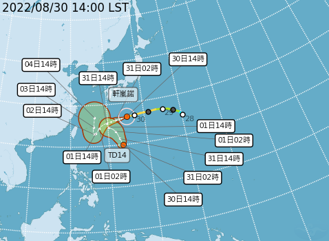 目前海面上除了有強颱「軒嵐諾」外，南邊還有一個熱帶低壓TD14明天可能會成為第12號颱風「梅花」，兩者將產生藤原效應。   圖：取自中央氣象局網站