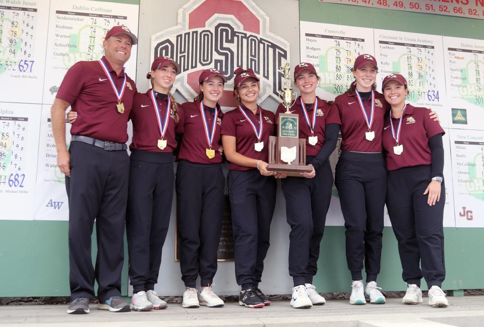 The New Albany girls golf team poses with the championship trophy after winning its fourth consecutive Division I state title Oct. 23 at Ohio State's Gray Course. The Eagles finished with a 588, five strokes ahead of second-place Mason.