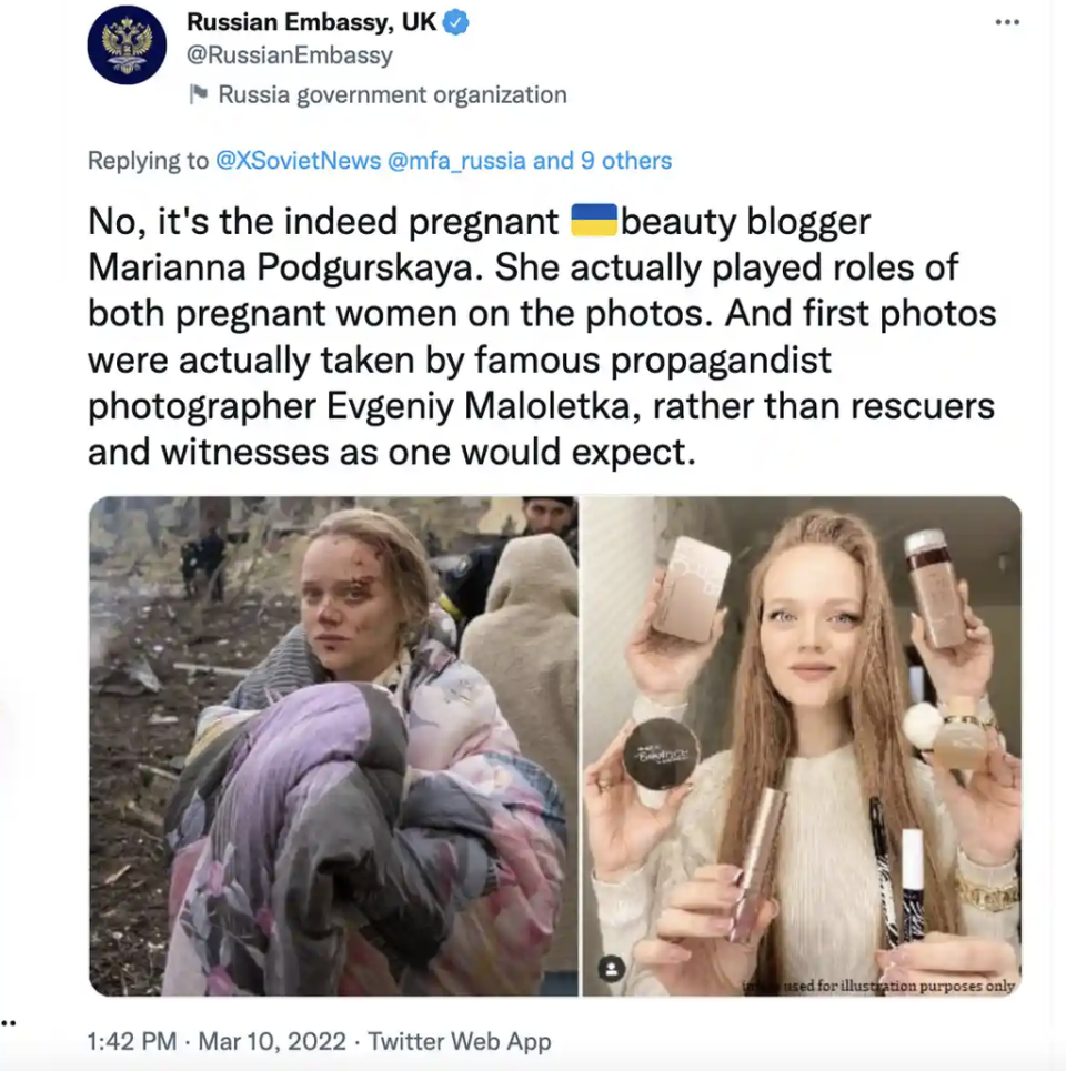 Another tweet from the Russian Embassy in London spreading disinformation, which was later deleted by Twitter (Supplied)