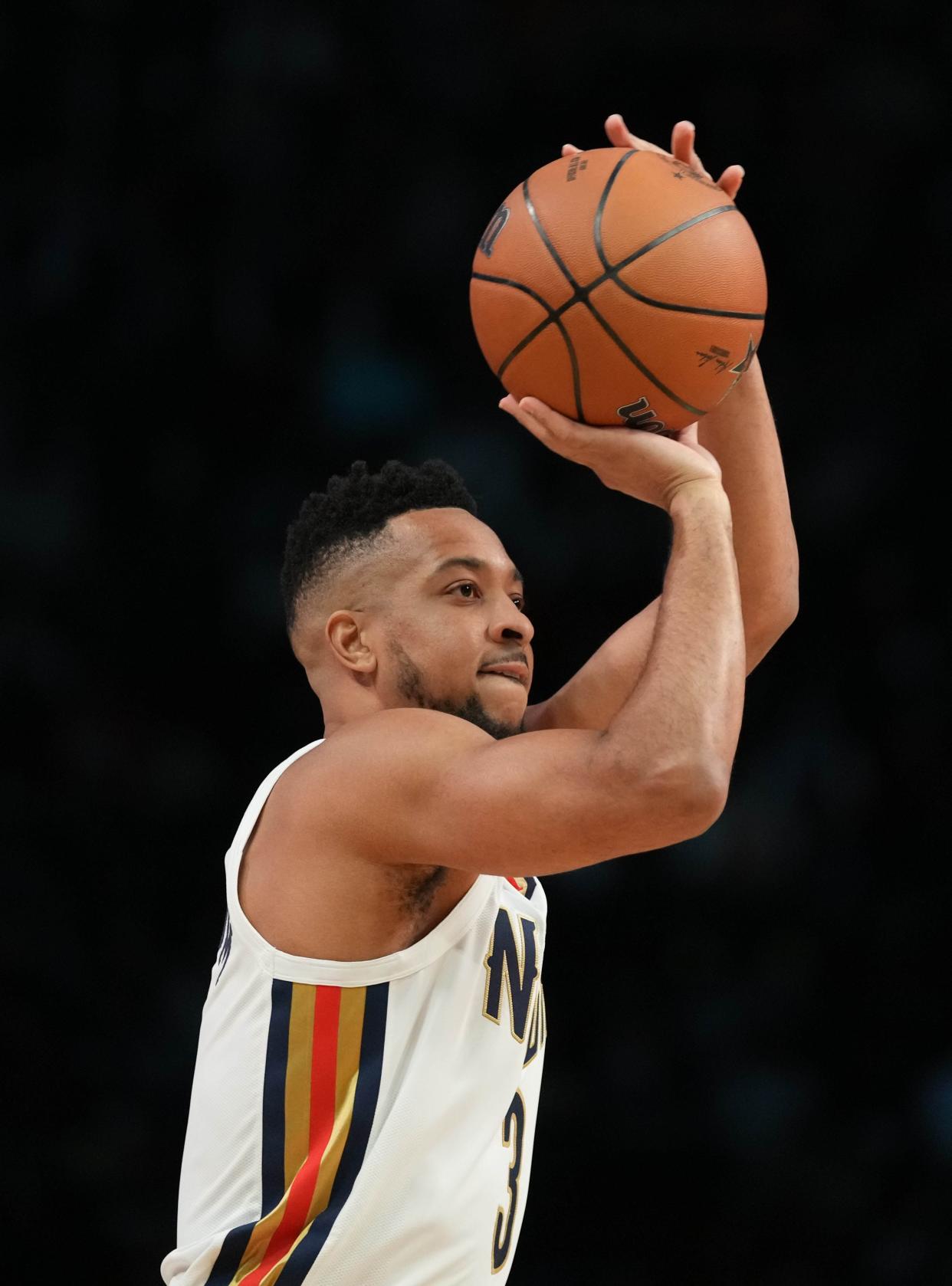 New Orleans Pelicans guard C.J. McCollum shoots in the 3-Point Contest during the 2022 NBA All-Star Saturday Night, Feb. 19, 2022, in Cleveland.