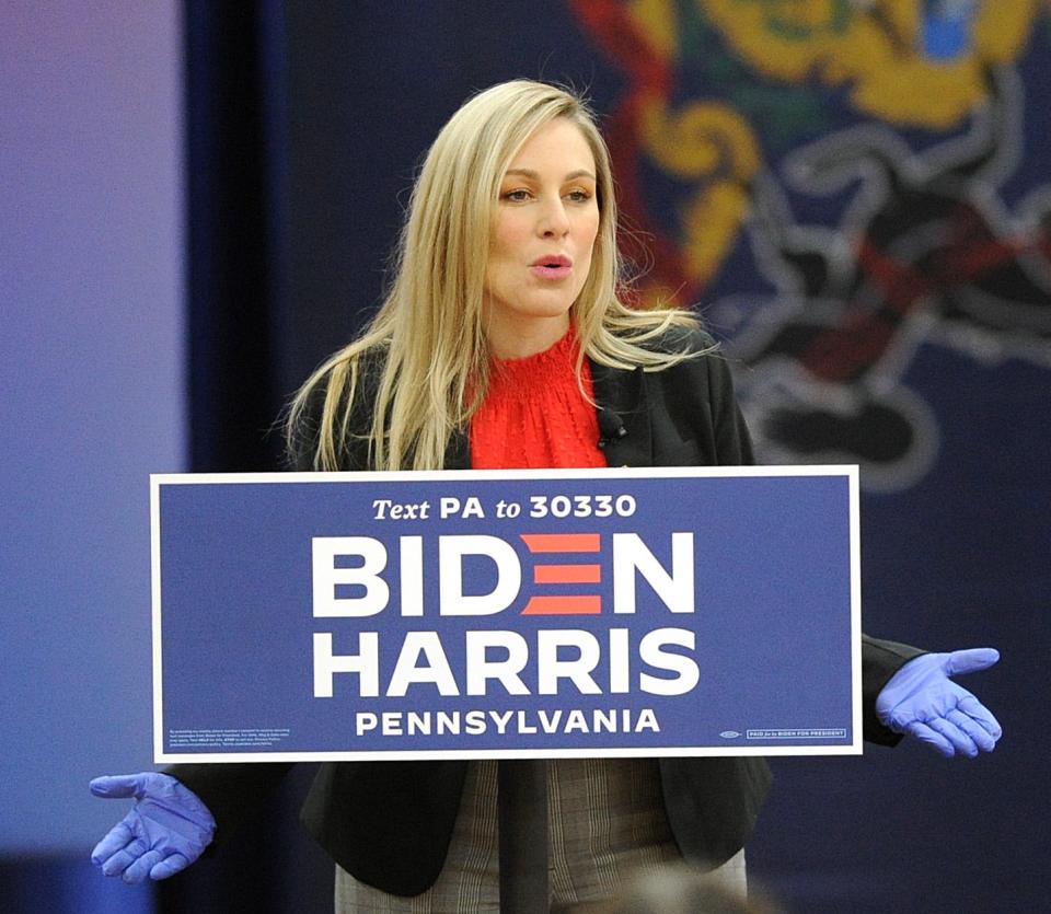 Kristy Gnibus, Democratic challenger for the seat held by U.S. Rep. Mike Kelly (not pictured), of Butler, R-16th Dist., speaks prior to an address by former second lady Jill Biden (not pictured), wife of Democratic presidential candidate Joe Biden, who spoke to about 75 people at a rally, Nov. 2, 2020, at East Middle School in Erie as representatives of the Biden and Trump campaigns canvassed Pennsylvania on the last day before the presidential election.