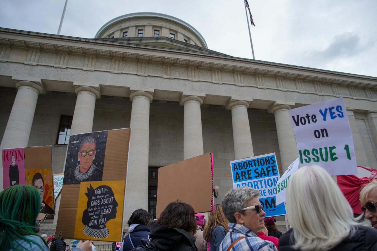 Proponents of Ohio Issue 1 rallied outside the Ohio Statehouse. Several Republican lawmakers proposed stripping the judicial branch of power to oversee how the abortion rights measure is interpreted.