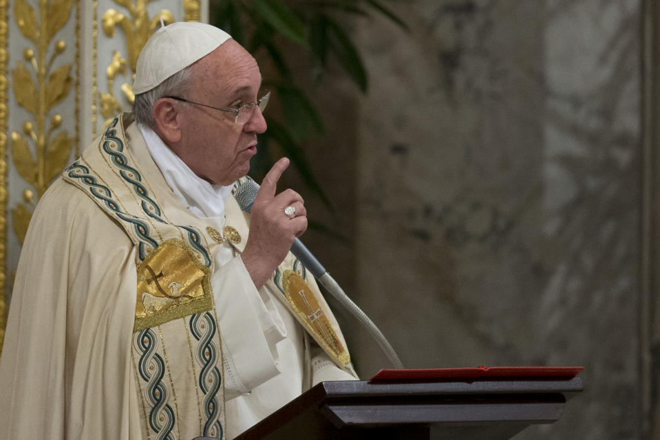 Pope Francis presides over a Vespers ceremony at Rome's St. Paul Basilica, at the Vatican, Saturday, Jan. 25, 2014. (AP Photo/Andrew Medichini)