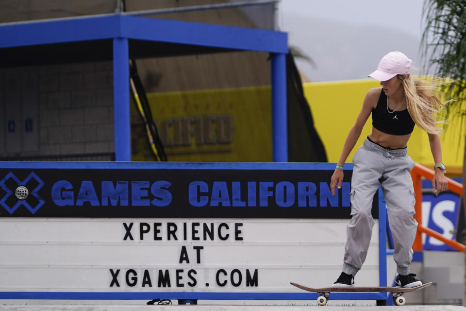 Chloe Covell skates in the Women's Skateboard Street during X Games California, Friday, July 21, 2023, in Ventura, Calif. Thirteen-year-old Australian skateboarding prodigy Covell has won the women's street competition at the X Games. She earned the biggest victory of her nascent career Saturday, July 22, 2023, at the coastal Ventura County Fairgrounds. (AP Photo/Ryan Sun)