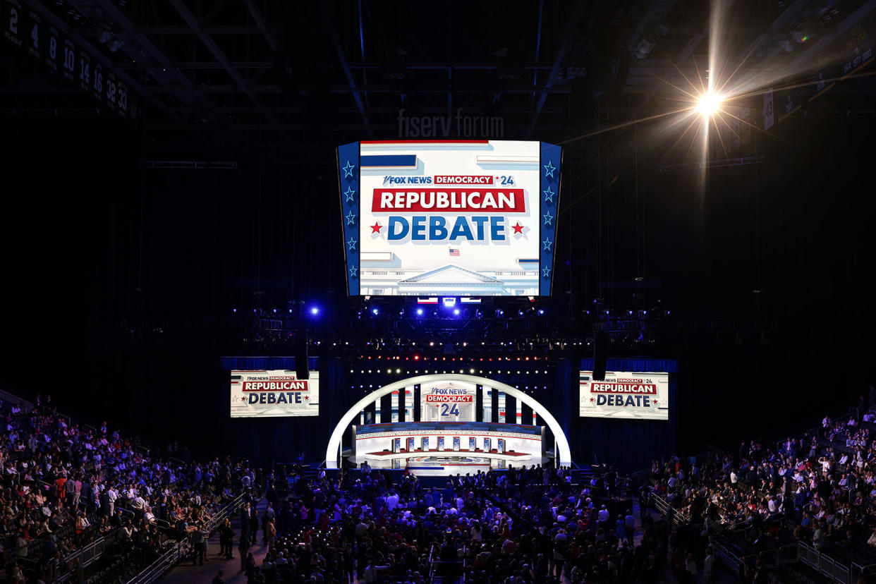 The stage is set for the first debate of the GOP primary season hosted by FOX News at the Fiserv Forum on August 23, 2023 in Milwaukee, Wisconsin. Win McNamee/Getty Images