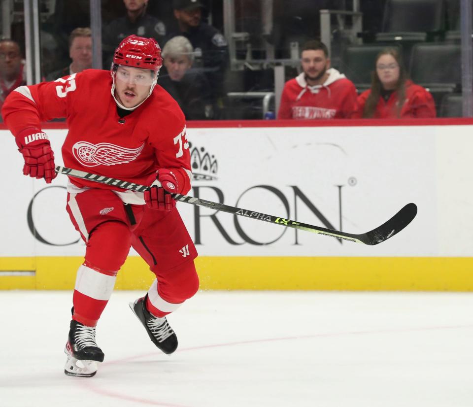 Detroit Red Wings left wing Adam Erne (73) skates against the Toronto Maple Leafs during first period action Friday, October 7, 2022.