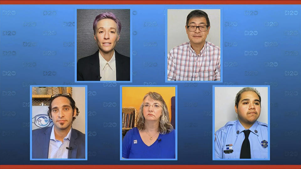 In this image from video, Megan Rapinoe of Orlando, Fla., Michelle Boyle of Pittsburgh, Bradley Driefuss of Tucscon, Ariz., and Trung Le of Simsbury, Conn., and Aldo Martinez of Fort Myers, Fla., participate in a conversation with frontline workers battling the coronavirus pandemic during the first night of the Democratic National Convention on Monday, Aug. 17, 2020. (Democratic National Convention via AP)