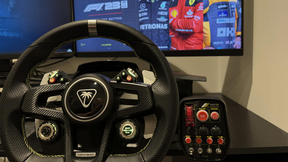 The racing wheel of the Turtle Beach VelocityOne Race Wheel and Pedal set