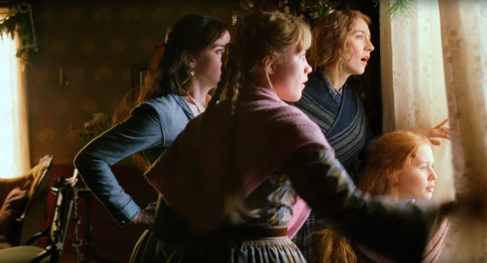 Emma Watson, Florence Pugh, Saoirse Ronan, and Eliza Scanlen looking out the window.