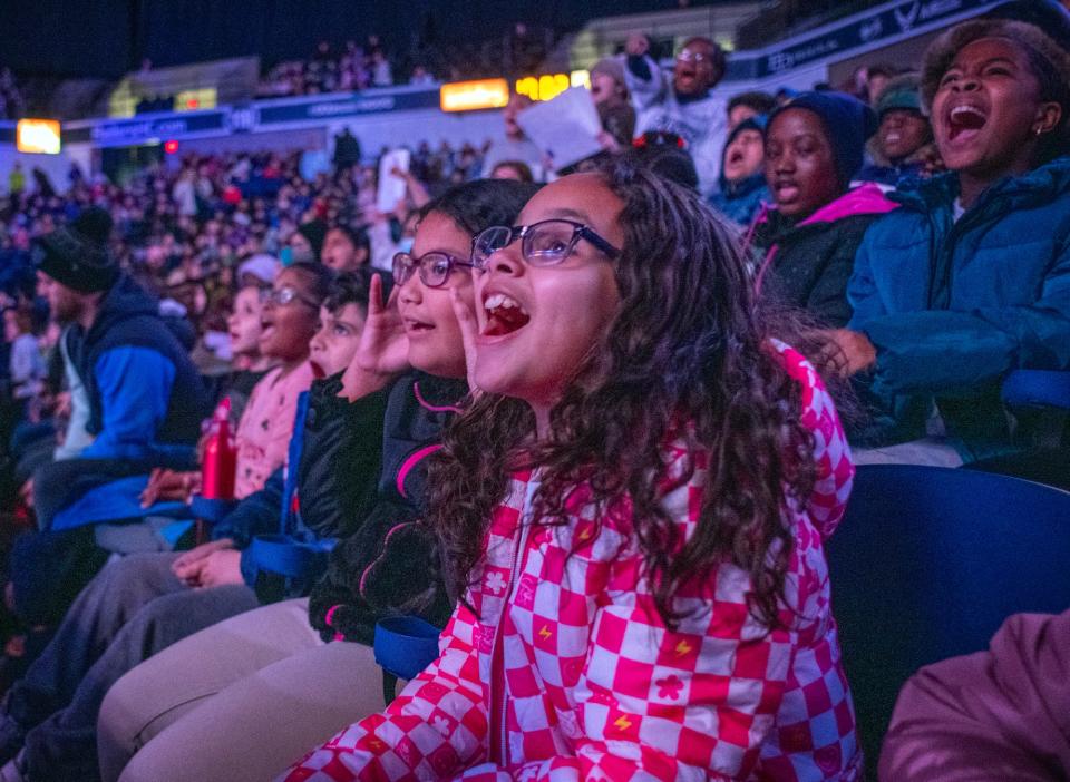 Hundreds of Worcester Public Schools students cheer for the Worcester Railers during a morning hockey game at the DCU Center Wednesday, November 29, 2023.