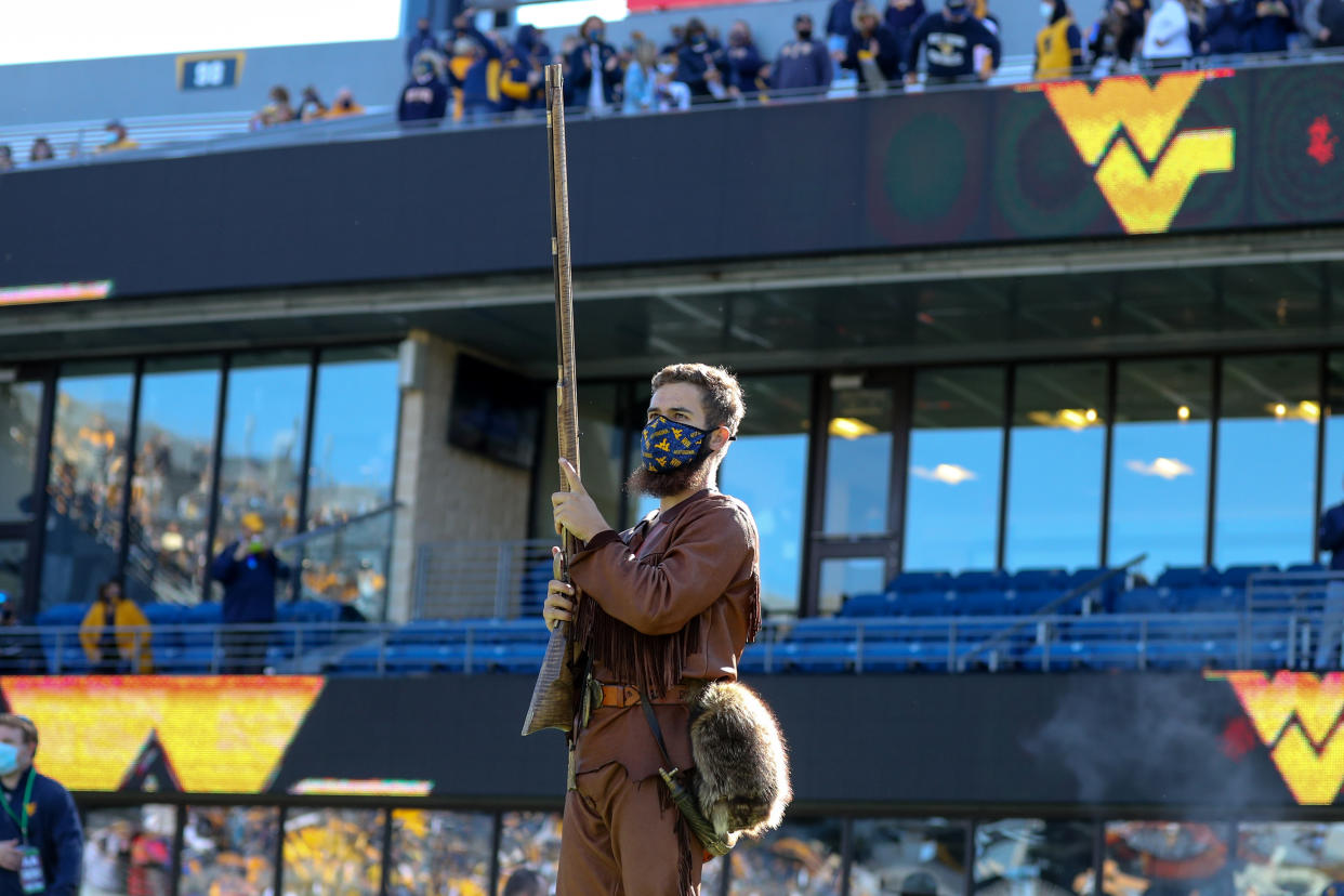 MORGANTOWN, WV - OCTOBER 17: The West Virginia Mountaineers mascot The Mountaineer prepares to lead the Mountaineers onto the field for the college football game between the Kansas Jayhawks and the West Virginia Mountaineers on October 17, 2020, at Mountaineer Field at Milan Puskar Stadium in Morgantown, WV. (Photo by Frank Jansky/Icon Sportswire via Getty Images)