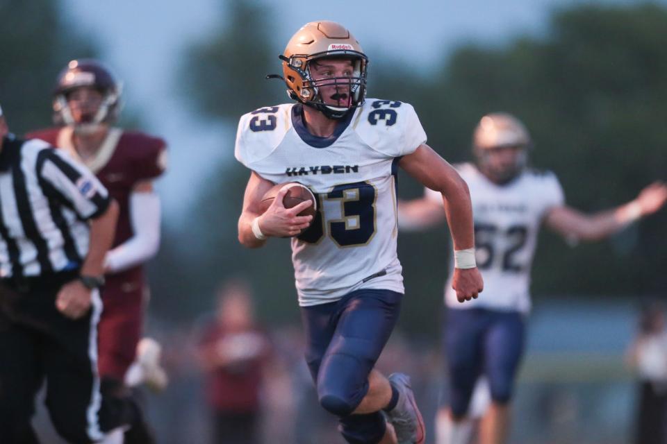 Finn Dunshee had two touchdowns in Hayden's win over Wellsville on Friday night. His first quarter kickoff return for a touchdown started to swing momentum Hayden's way.  (File photo)