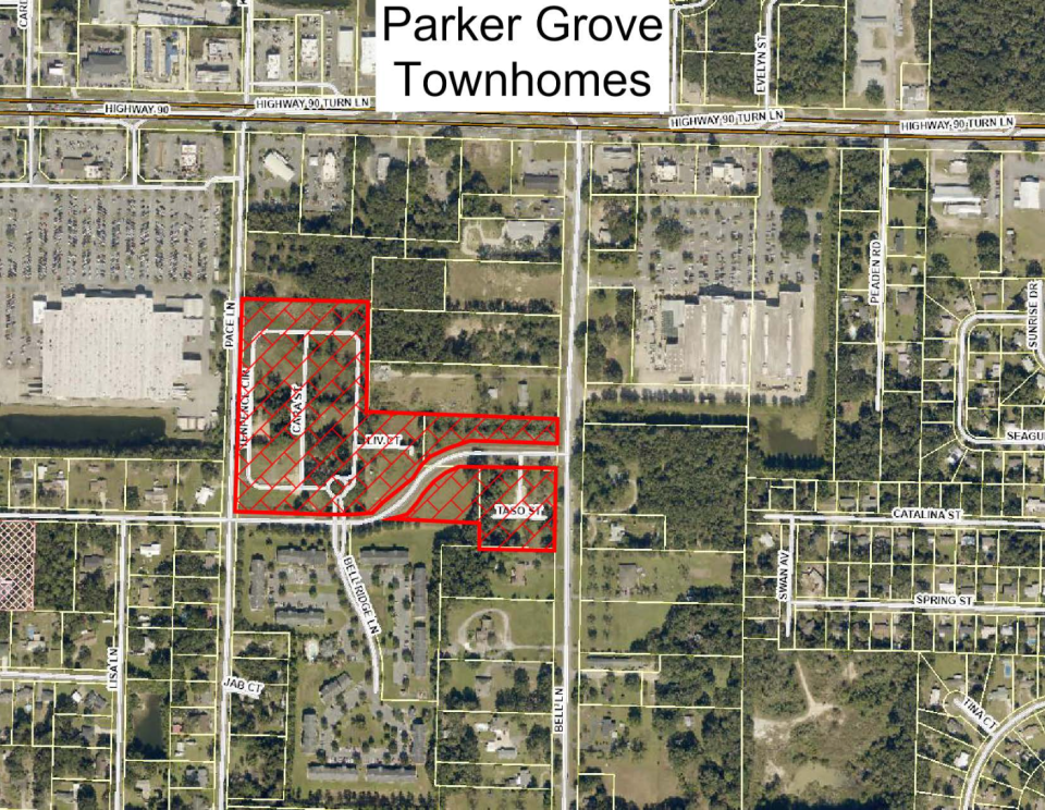 Projection of where the Parker Grove Townhomes subdivision project was approved for development by Santa Rosa County's Board of County Commissioners.
