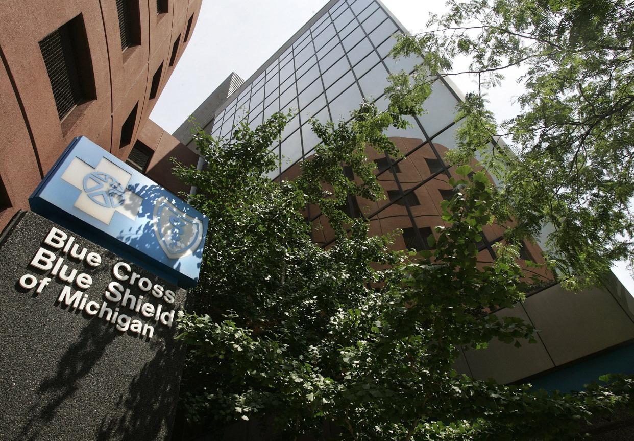 FILE -- The exterior of a Blue Cross Blue Shield of Michigan office building in Detroit.