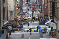 A view of the scene after a truck crashed into a department store injuring several people in central Stockholm, Sweden, Friday April 7, 2017. Swedish Prime Minister Stefan Lofven says everything indicates a truck that has crashed into a major department store in downtown Stockholm is "a terror attack." (Fredrik Sandberg/TT News Agency via AP)