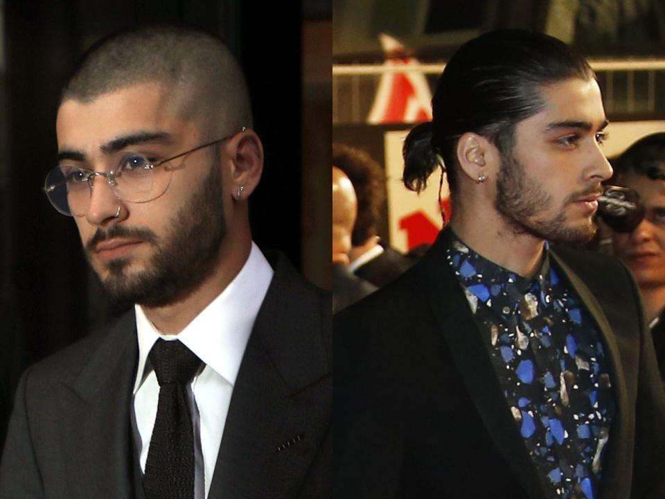 Zayn Malik with a buzz cut on the left and his hair pulled back in a pony tail on the right