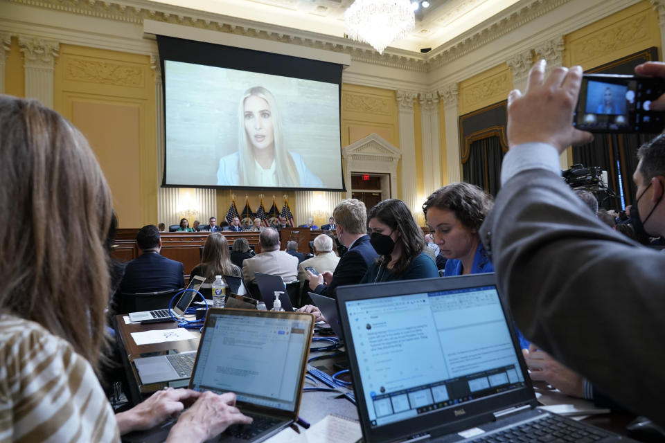 A video showing former White House Advisor Ivanka Trump speaking during an interview with the Jan. 6 Committee is shown at the House select committee investigating the Jan. 6 attack on the U.S. Capitol, hearing Thursday, June 9, 2022, on Capitol Hill in Washington. (AP Photo/Andrew Harnik)