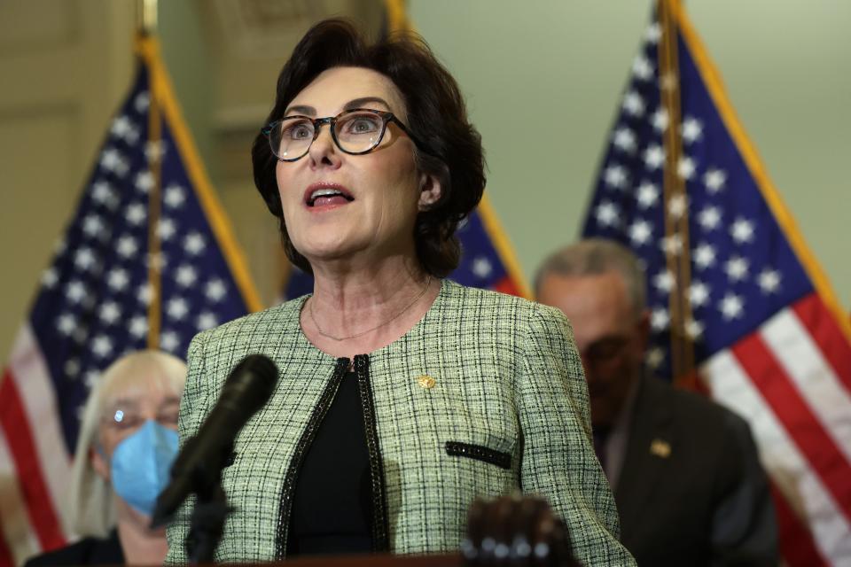 U.S. Sen. Jacky Rosen (D-NV) speaks to members of the press after a weekly Senate Democratic policy luncheon at the U.S. Capitol.