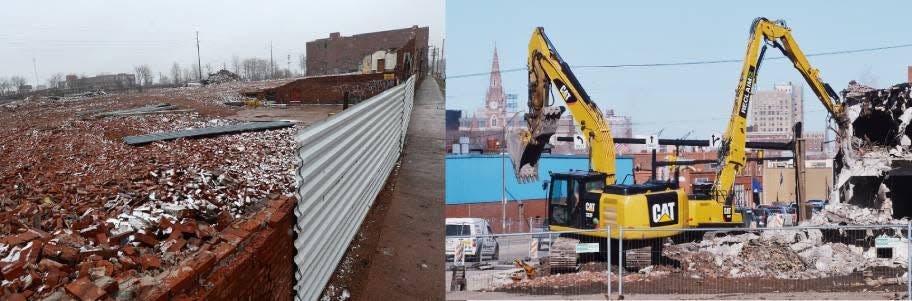 At left, the Quin-T site is shown in February 2016. At right, Excavators demolish the former EMI manufacturing facility along West 12th Street in Erie in March 2023.