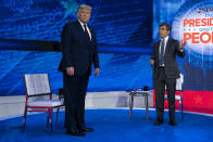 President Donald Trump talks with ABC News anchor George Stephanopoulos before a town hall at National Constitution Center, Tuesday, Sept. 15, 2020, in Philadelphia. (AP Photo/Evan Vucci)