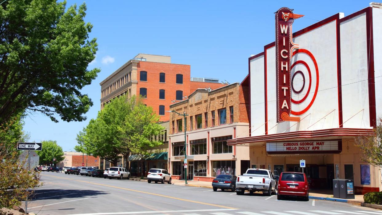 Wichita Falls, Texas, USA - April 23, 2018: Daytime view of the the Wichita Theatre Performing Arts Centre along Indiana Ave in the downtown district.