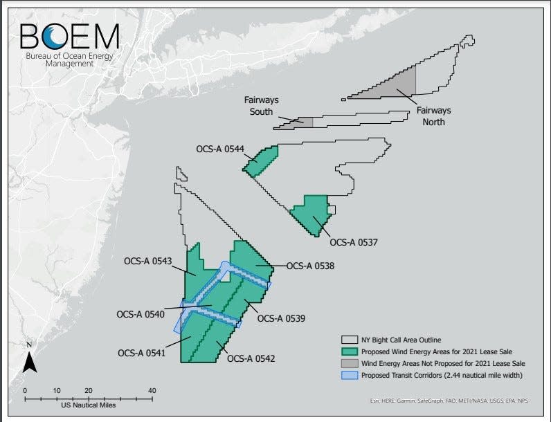 A map from the federal Bureau of Ocean Energy Management shows areas under consideration for wind farms.