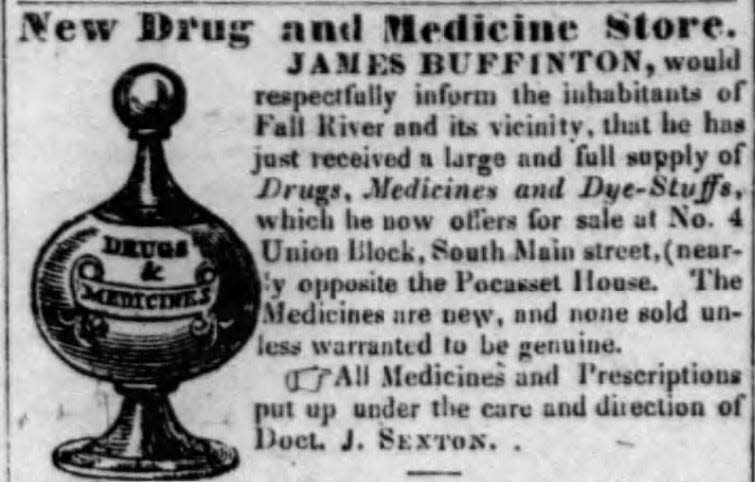 An advertisement from the Fall River Monitor in 1839 for James Buffinton's drug store in downtown Fall River.