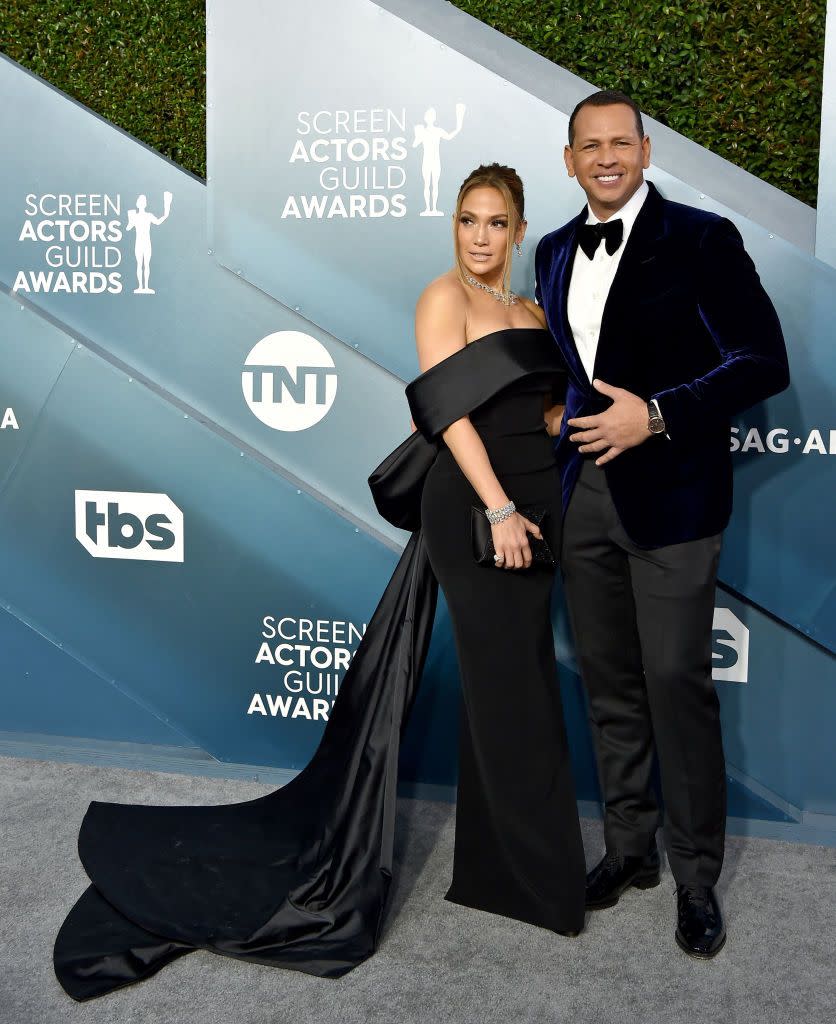 <p>Lopez was a vision in a black, off-the-shoulder George Hobeika dress with a bow at the back while attending the Screen Actors Guild Awards with then-fiancé Alex Rodriguez. </p>