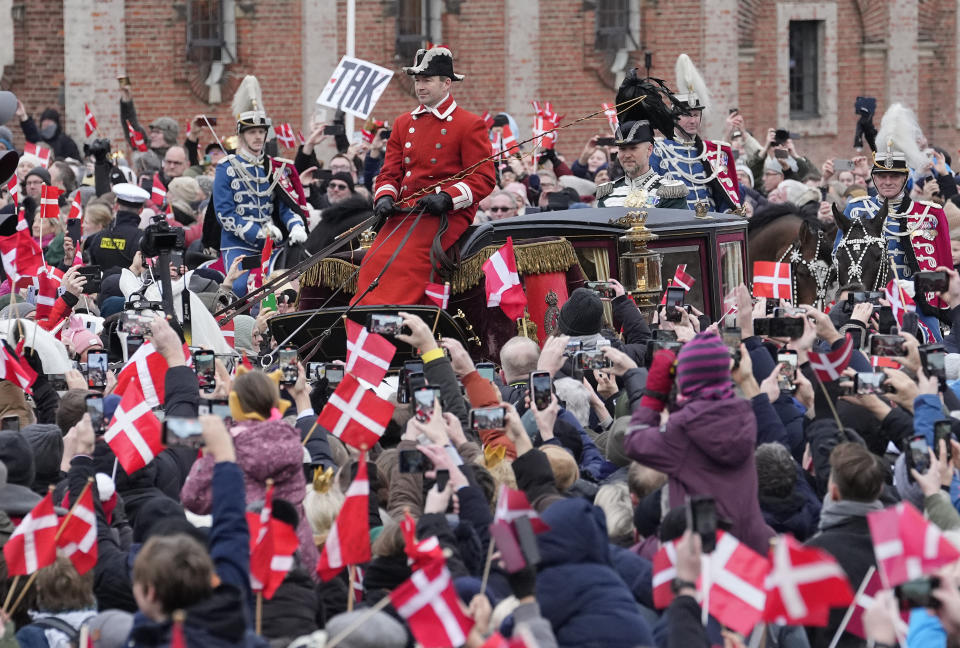 Denmark's Queen Margrethe II arrives at Christiansborg Palace in Copenhagen, Denmark, Sunday, Jan. 14, 2024. Queen Margrethe II will become Denmark's first monarch to abdicate in nearly 900 years when she hands over the throne to her son, who will be crowned King Frederik. (AP Photo/Martin Meissner)