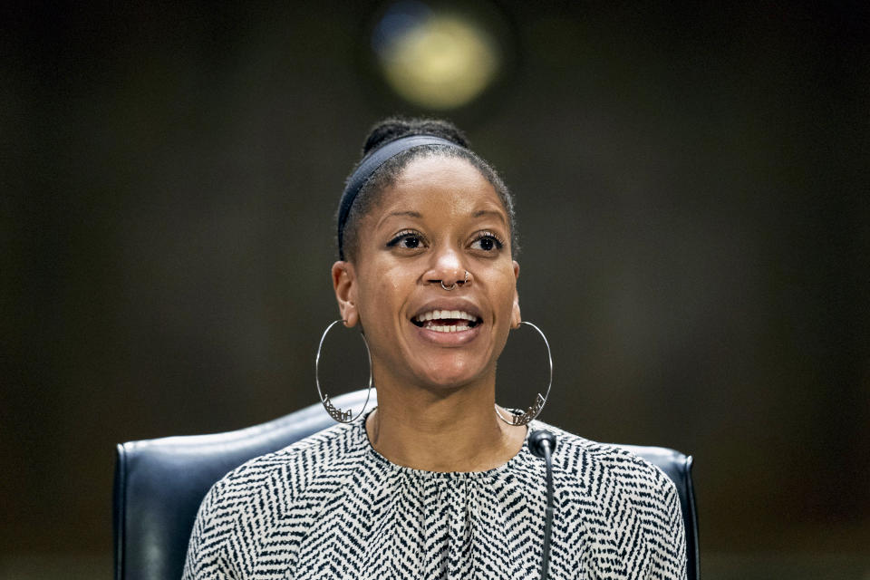 UC Berkeley School of Law professor Khiara Bridges speaks during a Senate Judiciary Committee Hearing to examine a post-Roe America, focusing on the legal consequences of the Dobbs decision, on Capitol Hill on July 12, 2022. (Andrew Harnik / AP)