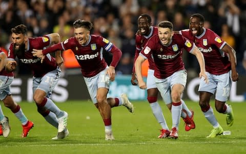 Championship Play-Off Semi Final Second Leg - West Bromwich Albion v Aston Villa - The Hawthorns, West Bromwich, Britain - May 14, 2019 Aston Villa's Jack Grealish and John McGinn celebrate after winning the penalty shootout - Credit: Action Images