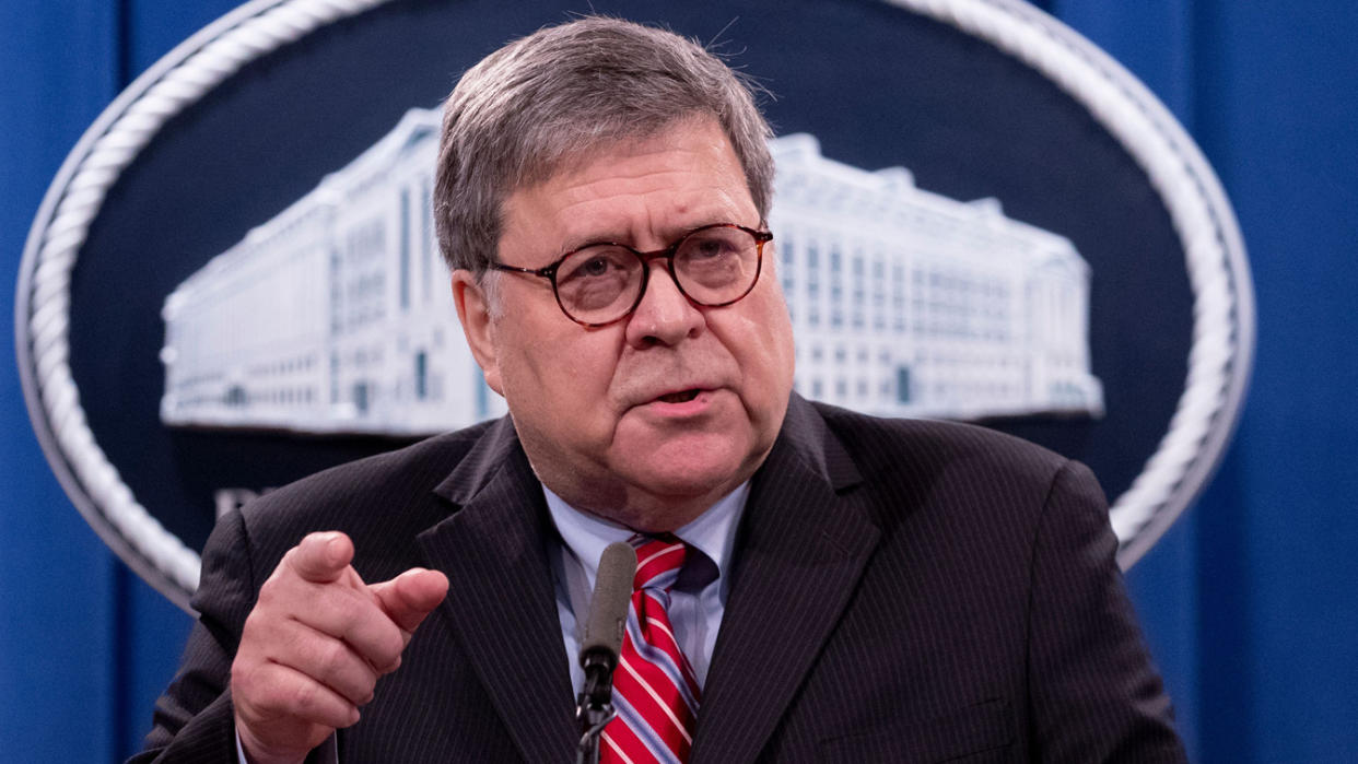 US Attorney General William Barr speaks during a news conference to provide an update on the investigation of the terrorist bombing of  Pan Am flight 103 on the 32nd anniversary of the attack, at the US Department of Justice in Washington, DC, on December 21, 2020. (Photo by MICHAEL REYNOLDS/POOL/AFP via Getty Images)