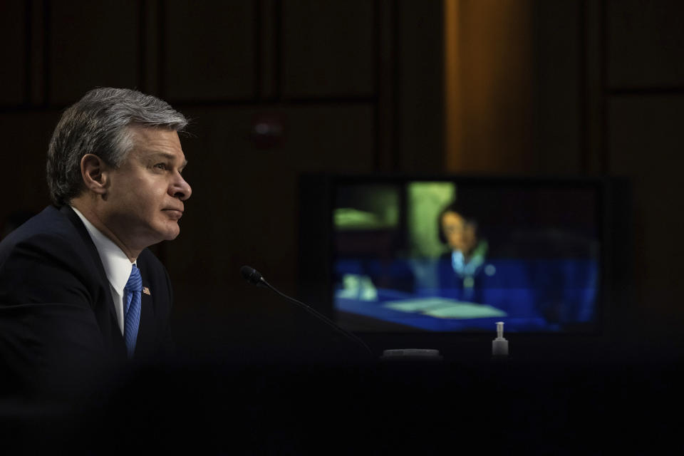 FBI Director Christopher Wray testifies before the Senate Judiciary Committee on Capitol Hill in Washington, Tuesday, March 2, 2021. (Graeme Jennings/Pool via AP)