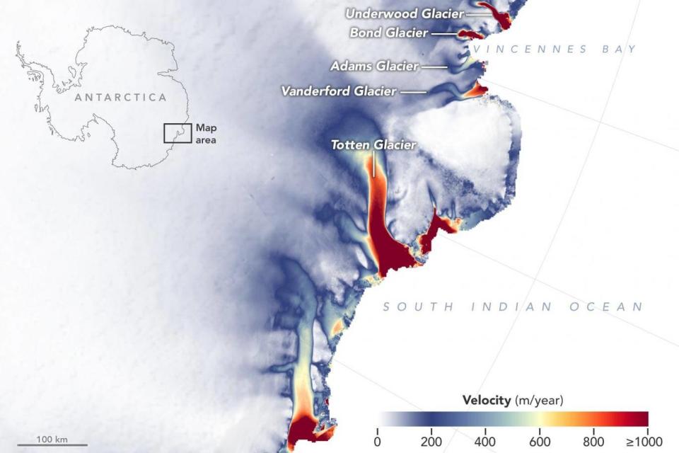A group of four glaciers in an area of East Antarctica called Vincennes Bay, west of the massive Totten Glacier, have lowered their surface height by about 9 feet since 2008, hinting at widespread changes in the ocean (PA)