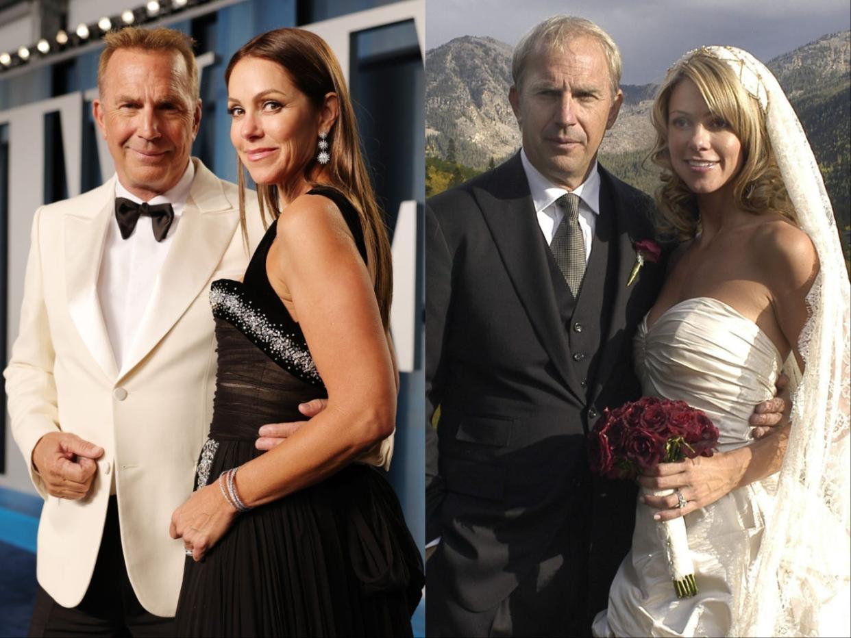 A composite image of Costner and Baumgartner at an event and on their wedding day.