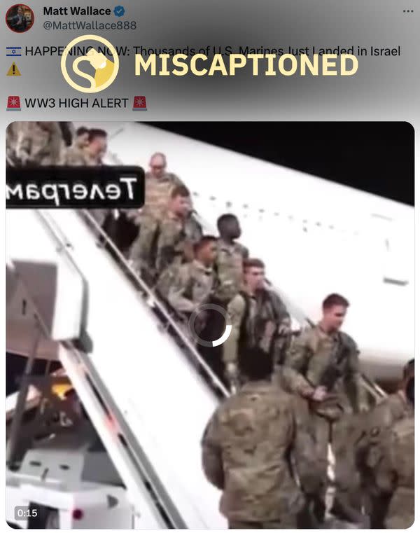 A miscaptioned post on X from Matt Wallace claimed that a video showed US Marines landing in Israel.