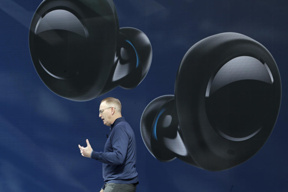 Dave Limp, senior vice president for Amazon devices & services, talks about Echo Buds, the tech company's new wireless earbuds product, Wednesday, Sept. 25, 2019, at an event in Seattle. (AP Photo/Ted S. Warren)