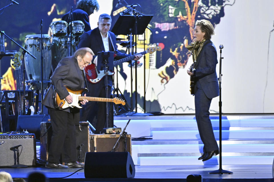 Stephen Stills and Brandi Carlile perform onstage at the 31st Annual MusiCares Person of the Year Gala held at the MGM Grand Conference Center on April 1st, 2022 in Las Vegas, Nevada. - Credit: Brian Friedman for Variety