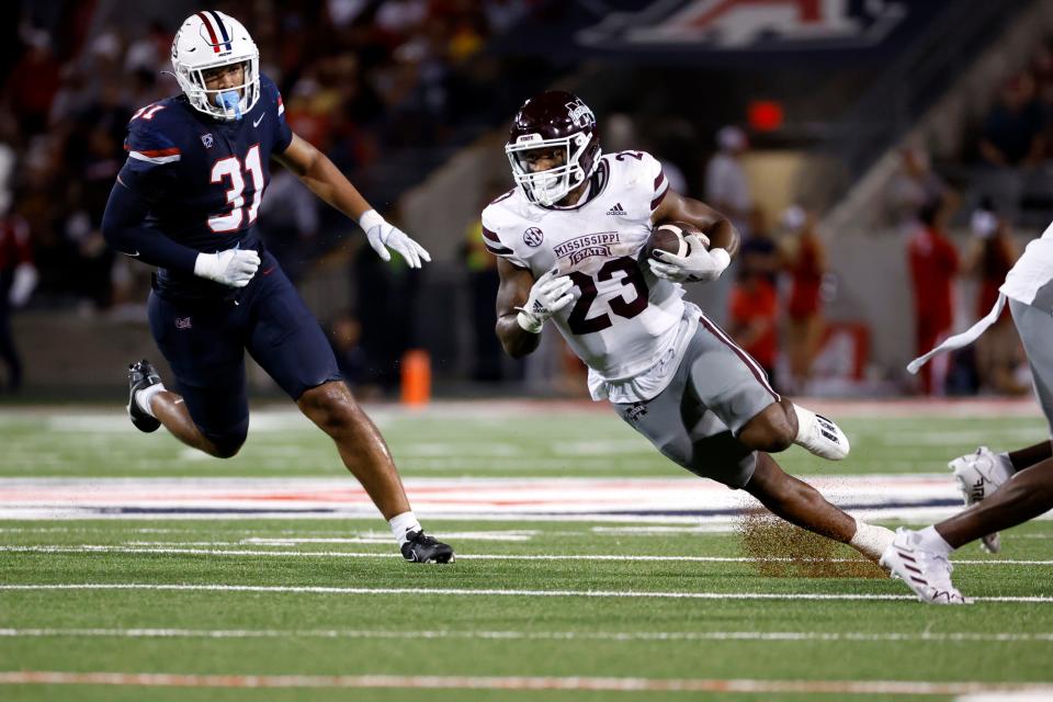 Mississippi State running back Dillon Johnson runs for a first down against Arizona during the first half of an NCAA college football game Saturday, Sept. 10, 2022, in Tucson, Ariz. (AP Photo/Chris Coduto)