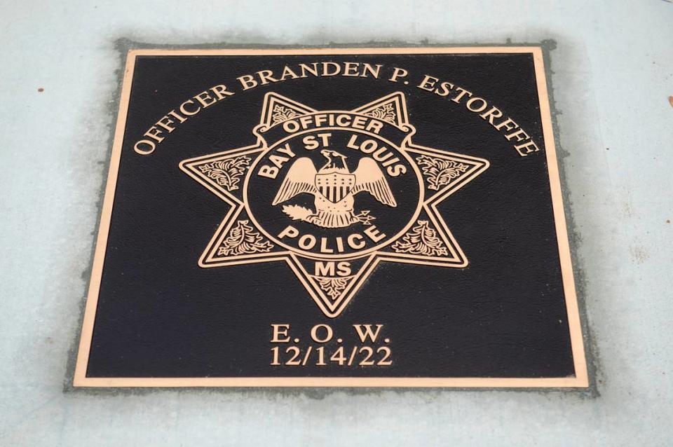 A commemorative star in honor of Officer Branden Estorffe outside the new Bay St. Louis Police Department in Bay St. Louis on Thursday, Dec. 14, 2023. Different from other commemorative stars in Bay St. Louis, the one honoring Estorffe has seven points, matching the seven point star Bay St. Louis officers wear.