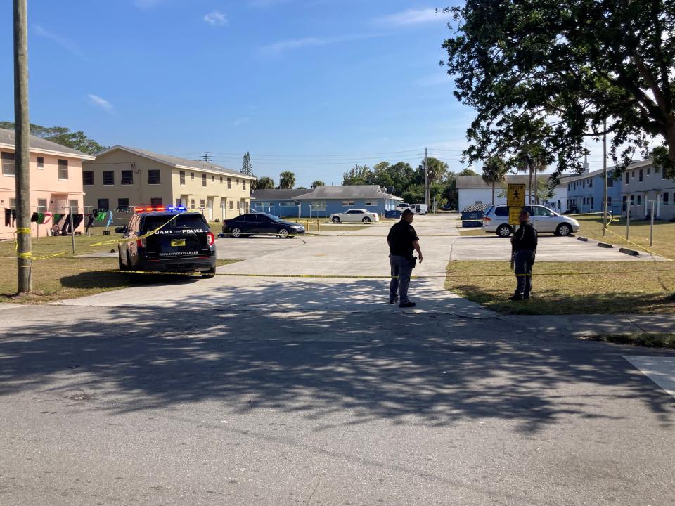 Stuart Police investigate at an address in the 800 block of Southeast Spruce Avenue in East Stuart regarding a report made at 11:44 a.m. Monday, April 1, 2024, of a person who had been shot.