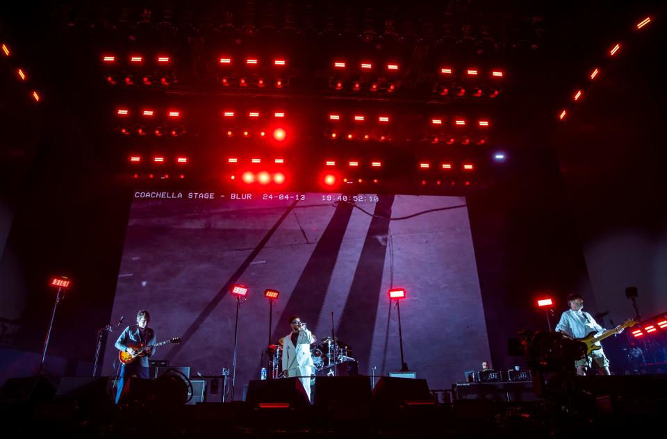 Blur performs on the Coachella Stage during the Coachella Valley Music and Arts Festival in Indio, Calif., Saturday, April 13, 2024.