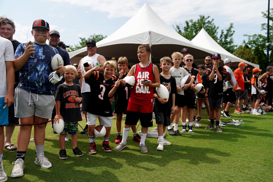 Jul 28, 2023; Cincinnati, Ohio, USA; Fans wait for player autographs during training camp at the practice fields next to Paycor Stadium. Mandatory Credit: Kareem Elgazzar/The Cincinnati Enquirer-USA TODAY Sports
