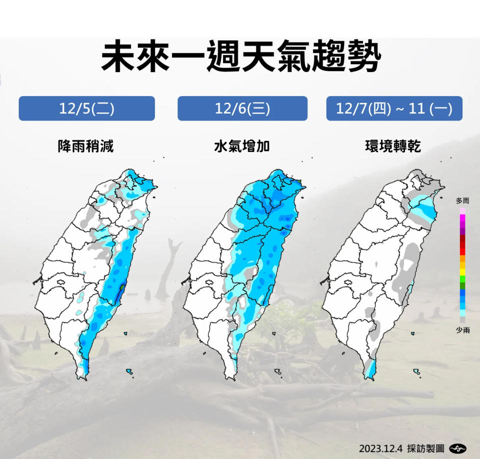 <strong>這波東北季風增強但雨勢趨緩，水氣通過時將擴大降雨範圍。（圖／中央氣象署提供）</strong>